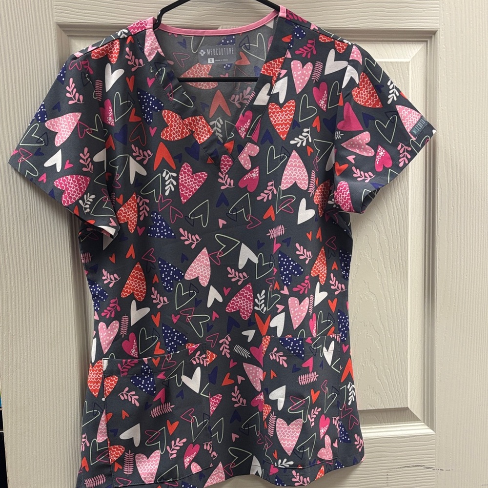 Med Couture Women’s Heart Print Scrub Top - Pink, Red, White, Blue